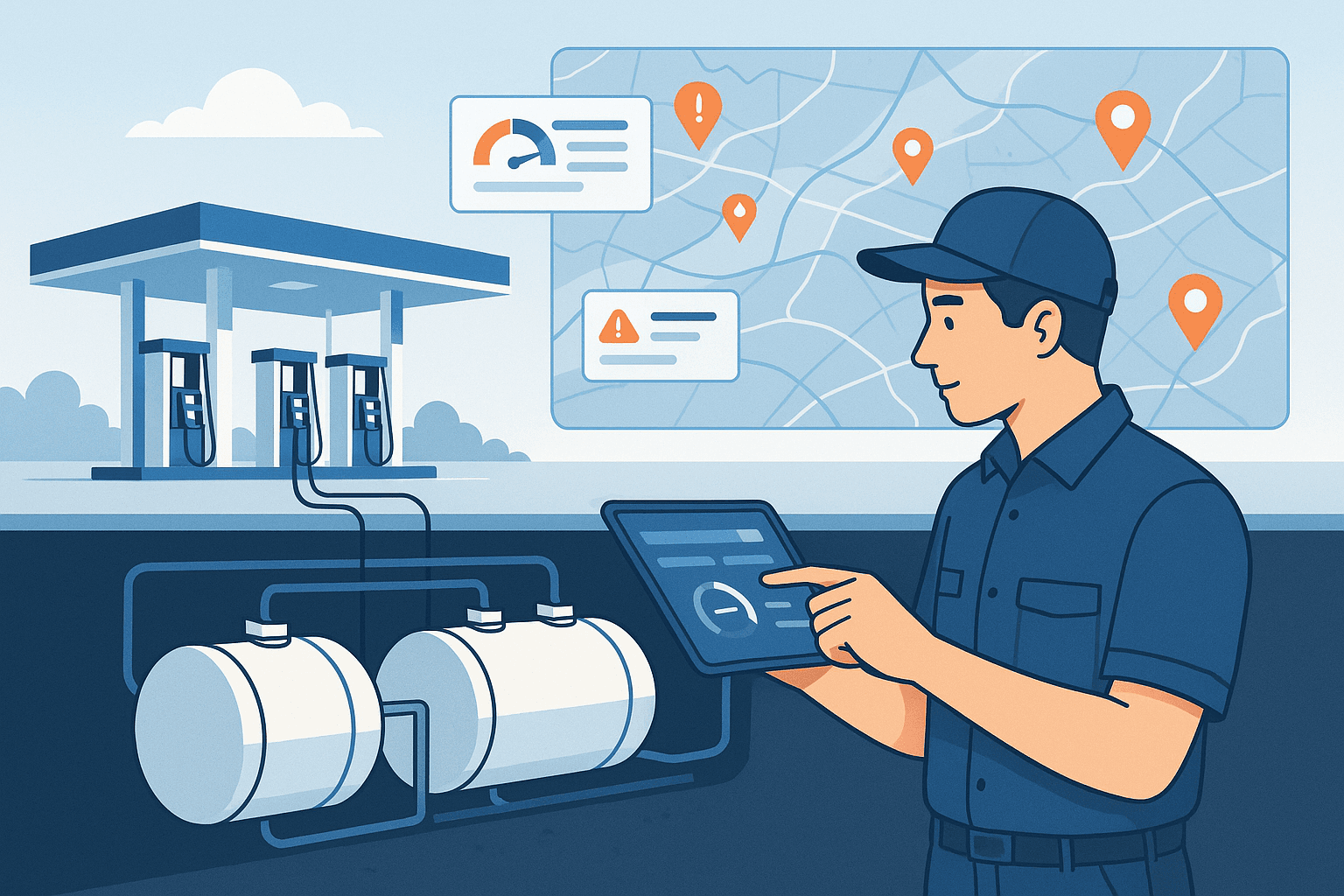 TankActive dashboard showing real-time fuel tank levels, leak detection alerts, and multi-site inventory management